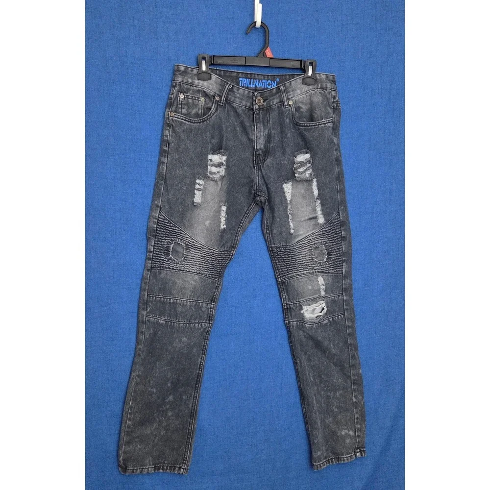 Trillnation Mens Moto Biker Distressed Acid‎ Wash Black Jeans 34x32 TND139